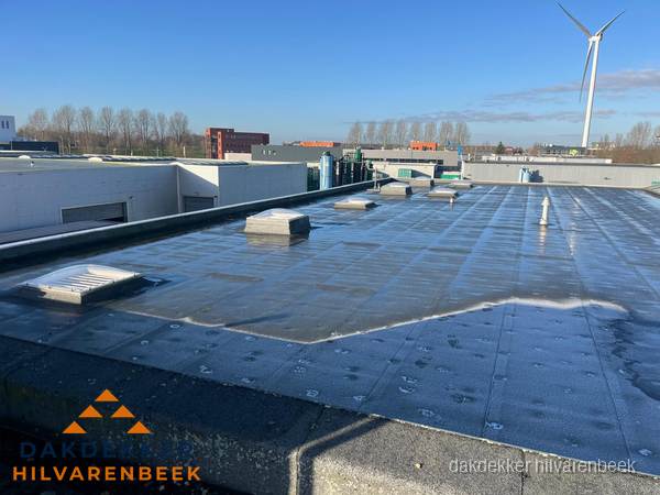 Plat dak bedrijfspand met bitumen dakbedekking en lichtkoepels in Hilvarenbeek